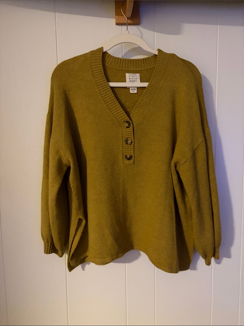 Billabong Olive Green V-Neck Button Knit Sweater